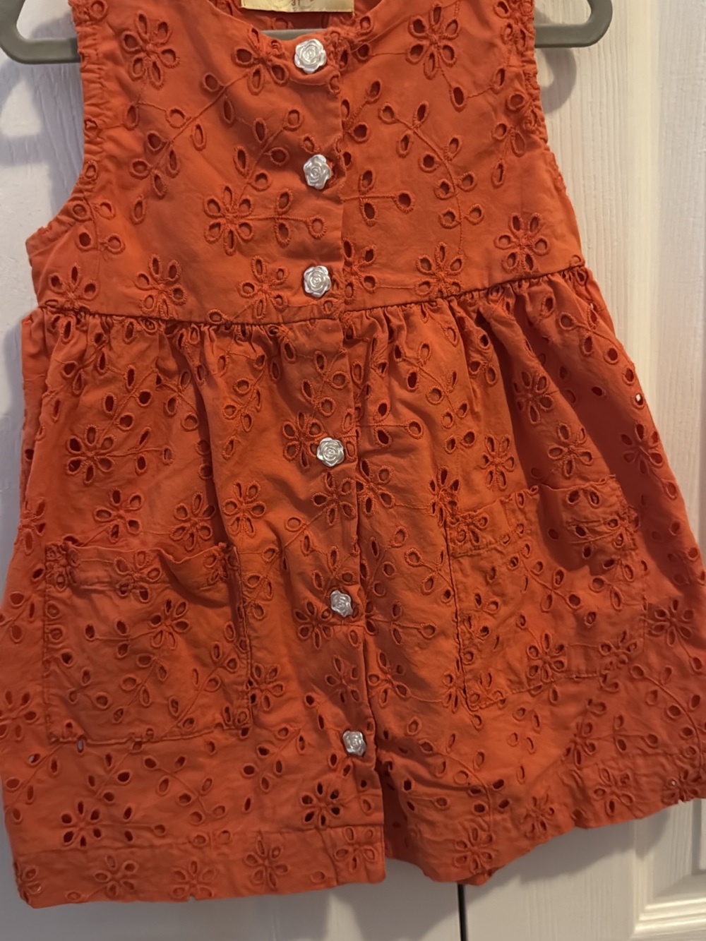 Sweet Magnolia Embroidered Orange Eyelet toddler Dress with Floral Buttons